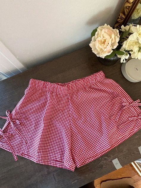 Women's Elastic Waist Plaid Bow Decor Loose Cute Shorts Multicolor Casual   Woven Fabric Gingham,Plaid Track Shorts Non-Stretch  Women Clothing, size features are:Bust: ,Length: ,Sleeve Length: Pjs Shorts, Sewing Shorts, White Boxers, Pajama Fashion, Gingham Shorts, Bow Decor, Plaid Bow, Track Shorts, Ruffle Shorts