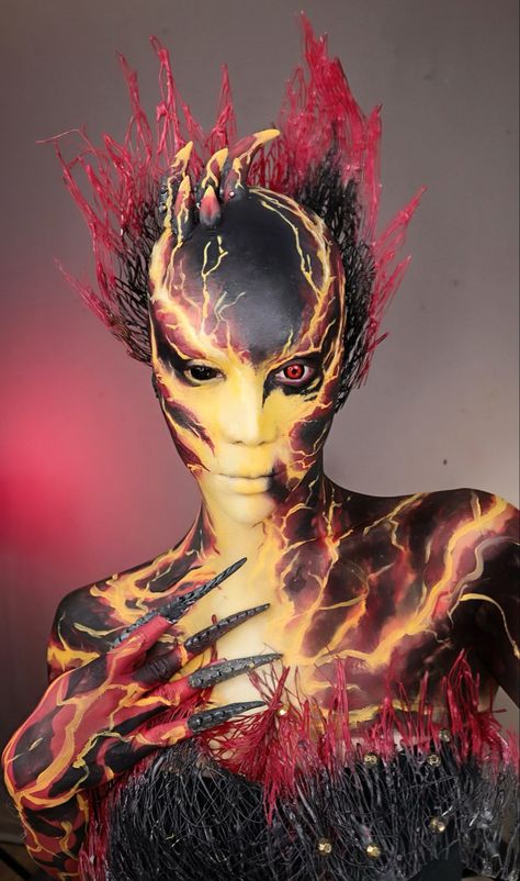 Full Body Makeup Art, Volcano Makeup, Halloween Body Painting, Fantasy Make Up Ideas Creative, Fantasy Makeup Ideas Creative, Maquillaje Body Painting, Lava Makeup, Full Body Makeup, Special Effects Makeup Ideas