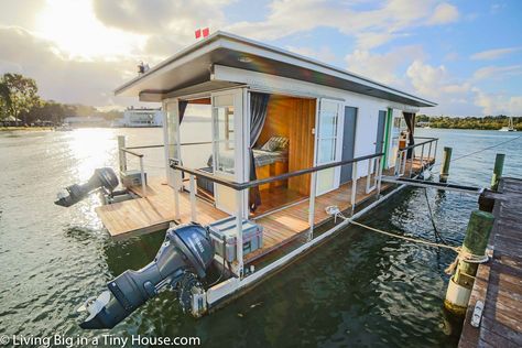 Life On The Water In A Tiny House Boat | Living Big In A Tiny House Tiny Houseboat Interiors, Houseboat Living Interiors, House Boat Living, Tiny House Boat, Pontoon Houseboat, Shanty Boat, House On The Water, Boat Living, Boat House Interior