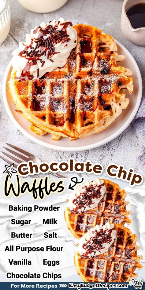 Weekend waffles made easy! These homemade chocolate chip waffles are surprisingly simple to prepare!  These sweet waffles are perfect for a quick breakfast or fun brunch!  For more easy breakfast ideas follow Easy Budget Recipes! Chocolate Chip Waffles Recipe, Sweet Waffles, Chocolate Chip Waffles, Brunch Dessert, Easy Breakfast Ideas, Waffle Ingredients, Waffles Easy, Crispy Waffle, Homemade Chocolate Chips