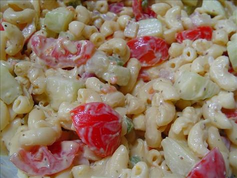 Cucumber Tomato Macaroni Salad from Food.com:   								My family loves this salad! --- remember to use both mayo and salad dressing combined, the two dressings combined seem to spark up the taste, plan ahead this needs to be refrigerated overnight to blend the flavors. Tomato Macaroni, Cucumber Pasta, Salad Photo, Work Potluck, Best Macaroni Salad, Mac Salad, Macaroni Salad Recipe, Cucumber Tomato Salad, Honey Dijon