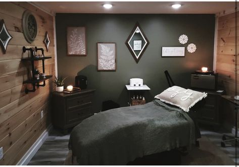 Black Wall Spa Room, Black Massage Room, Spa Room Colors, Blue Esthetician Room, Dark Esthetician Room, Esthetician Rooms, Massage Room Colors, Home Massage Room, Esthetician Aesthetic