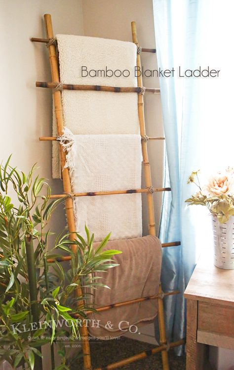 I have seen so many versions of DIY wooden ladders for the home.  I love these DIY ladders because, depending on the design, they work for towels, blankets, books, plants, CD’s, etc. and the look of a ladder goes with pretty much any decor. One thing I have yet to see, until today, is a … Blanket Ladder Ideas, Rustic Blanket Ladder, Bamboo Diy, Diy Ladder, Bamboo Blanket, Diy Blanket Ladder, Bamboo Decor, Funky Junk Interiors, Bamboo House