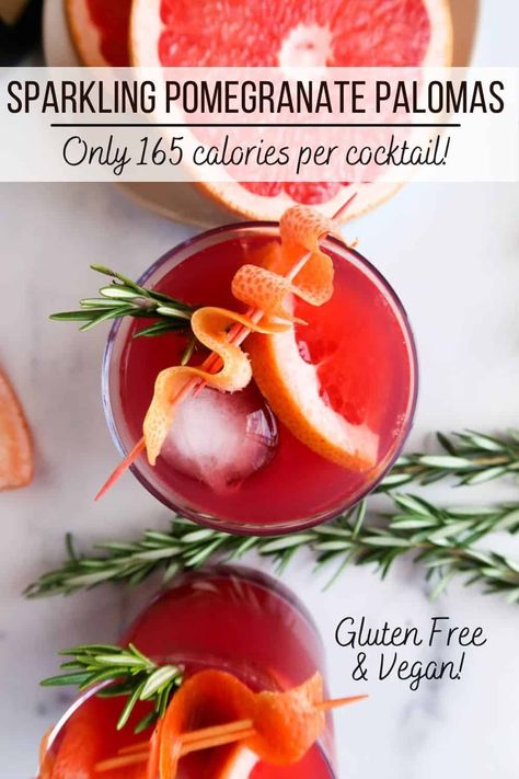 Need a fun, festive and fancy cocktail idea for New Year's Eve? This simple & easy sparkling pomegranate paloma recipe is perfect! It's super yummy and great for a big party or a quiet girls night / movie night. It's also pretty low calorie and healthy at just 165 calories per cocktail. This tasty drink is made with fresh pomegranate & grapefruit juice, cardamom, 100% agave tequila & champagne (or sparkling wine)! Garnish with fresh sprigs of rosemary if desired. #lightcocktails #newyearseve Pomegranate Paloma Cocktail, Pomegranate Paloma, Pomegranate Cocktail Recipes, Pomegranate Seeds Recipe, Greyhound Cocktail, Pomegranate Cocktails, Sparkling Wine Cocktails, Paloma Recipe, Alcoholic Punch Recipes