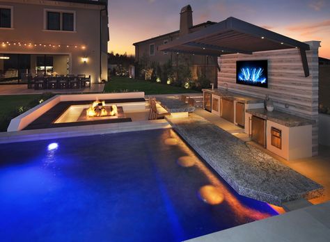 Resort Inspiration - luxury living in your backyard - Foxterra Design Swim Up Bar Pool, Pool Furniture Ideas, Hamptons Backyard, Tv Place, Pool Side Bar, Vacation Lifestyle, Pool Shapes, Home Theater Decor, Resort Living