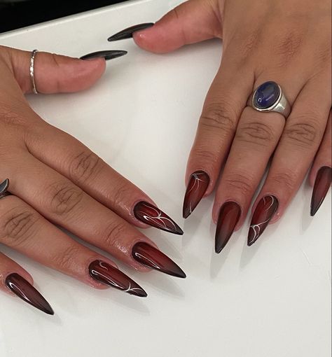 Natural Vampire Nails, Black And Red Stilletos Nails, Blood Red Almond Nails, Burgundy And Black Nails Acrylic, Red Alt Nails, Dark Vampy Nails, Vampy Red Nails, Deep Red Chrome Nails, Blood Red Nails Design