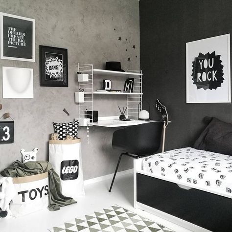 Inspiration from Instagram - black and white, boys room ideas, grey, black and white boys room, Scandinavian style, monochrome design kids room ideas #childrensrooms #monochrome Black And White Boys Room, Zimmer Diy, Best Boys, White Room Decor, Boy Bedroom Design, Black And White Decor, Trendy Bedroom, Boys Bedrooms, Kids Room Design