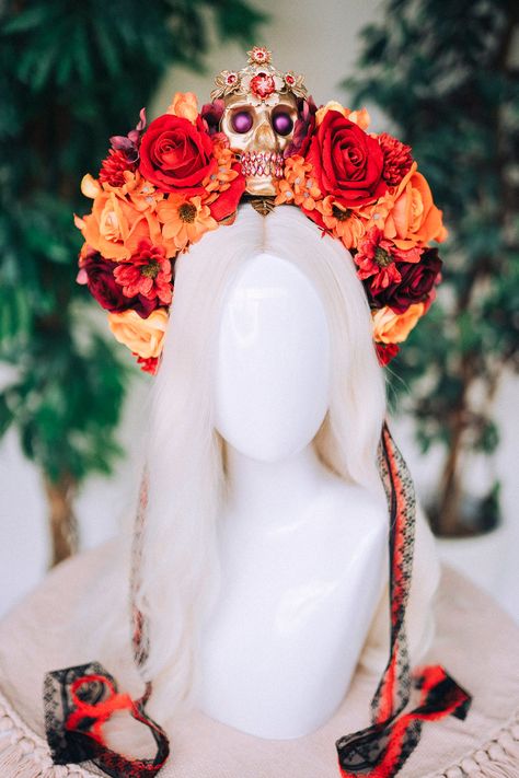 Catrina Flower Crown, Catrina Mask, Day Of The Dead Headpiece, Day Of The Dead Mask, Red Flower Crown, Halloween Headband, Beautiful Mask, Flower Crowns, Dia De Muertos