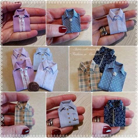 Mini Shirts in 1:12 scale Schleich Diy, Diy Doll Clothes Patterns, Amazing Miniatures, Mini Shirts, Miniature Clothes, Room Box Miniatures, Dollhouse Clothes, Preemie Clothes, Diy Miniatures