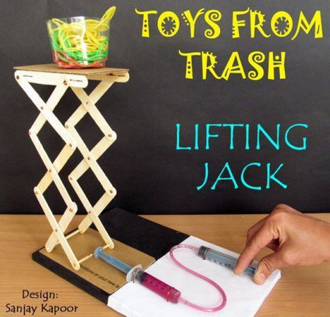 Toys from Trash - DIY hydraulic lift engineering activity! #STEM #hydrauliccars #hydraulic #cars #vehicles Vetenskapliga Experiment, Toys From Trash, Engineering Activities, Kid Experiments, Science Projects For Kids, Science Toys, Stem For Kids, Engineering Projects, Fair Projects