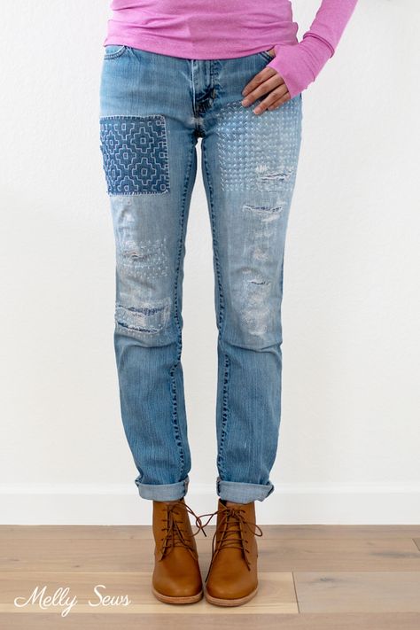 How to Fix Ripped Jeans - No Sewing Machine Required - Melly Sews Fix Ripped Jeans, Visible Mending Jeans, Jean Mending, Hand Sewing Stitches, How To Patch Jeans, Melly Sews, Jeans Embroidery, Denim Repair, Mending Clothes