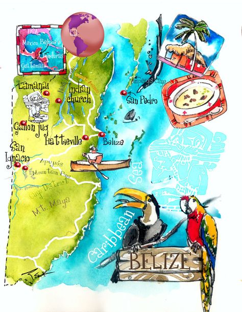 Belize map by Eleni Tsakmaki. http://internationalliving.com/ Belize Poster, Map Of Belize, Greek Mythical Creatures, Caye Caulker Belize, Caye Caulker, Pictorial Maps, Map Illustration, Belize Travel, Travel Sketches