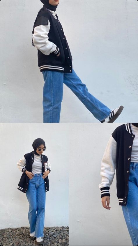 Baseball Jacket Outfit Hijab, Outfit Jaket Hijab, Varsity Jacket Outfit Hijab, Varsity Outfit, Outfit Tomboy, Baseball Jacket Outfit, Hijabi Styles, Varsity Jacket Outfit, Aesthetic Story