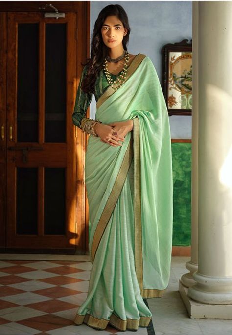 Pastel Green Art Silk Saree with Zari Work Blouse Light Green Saree, Green Color Saree, One Minute Saree, Party Wear Traditional, Plain Saree, Green Saree, Art Silk Sarees, Wedding Ceremonies, Chiffon Saree