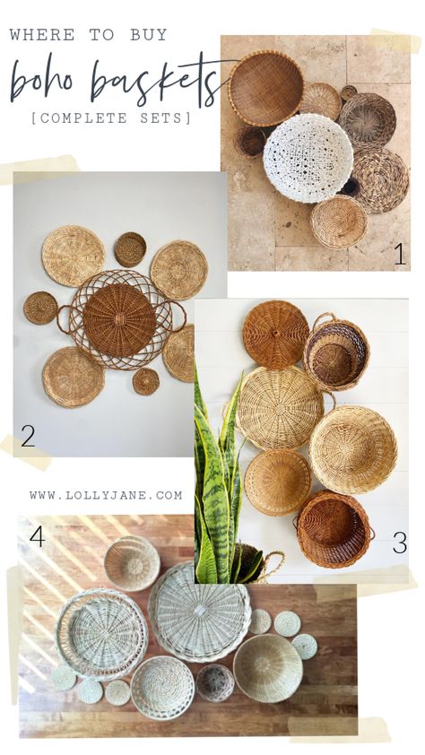 Basket Walls Boho Kitchen, Kitchen Basket Wall Decor, Wicker Basket Walls, Seagrass Basket Wall Decor, Wicker Basket Wall Art Bedroom, Basketwall Boho Bedroom, Rattan Gallery Wall, Wicker Placemats On Wall, Basket Wall With Sign