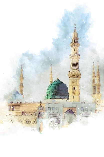 Mosque Painting Islamic Art, Madina Painting Islamic Art, Green Mosque, Islamic Aesthetics, Medina Saudi Arabia, Islam Art, Masjid Nabawi, Islamic Poster, Green Dome