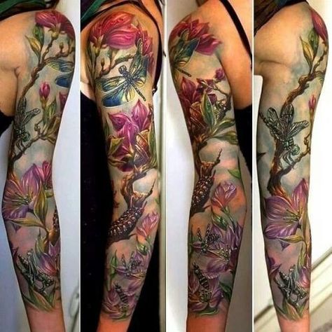 Dragonfly Tattoos, Floral Arm Tattoo, Daisy Flower Tattoos, Sleeve Tattoo Designs, Full Sleeve Tattoo Design, Beautiful Tattoos For Women, Best Tattoos For Women, Flower Tattoo Sleeve, Full Sleeve Tattoo