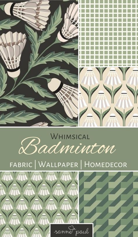 Get ready to add some style with our whimsical badminton themed fabric and wallpaper collection! These sporty and charming prints with warm retro colors such as green and off-white make both your interior design and your individual sewing project an eye-catcher. This collection is suitable for bedding, wallpaper and much more. Add a touch of sporty flair to your room! Available at spoonflower.com Surface Pattern Design Collections, Spoonflower Fabric Prints, 4 Wallpaper, Pattern Inspiration, Wallpaper Collection, Indie Design, Pattern Illustration, Sewing Project, Textile Patterns