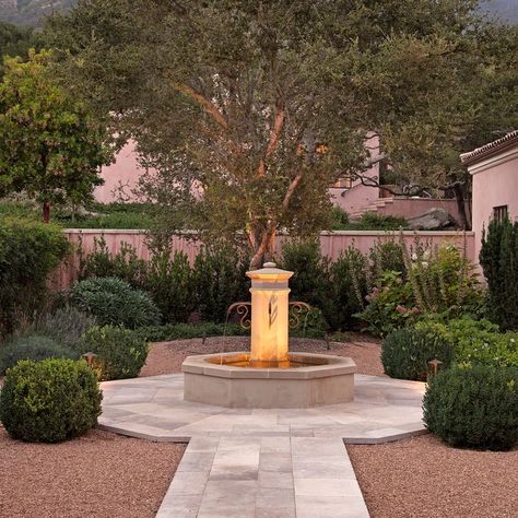 Mediterranean Garden Fountain, Mediterranean Fountain Ideas, Front Entrance Water Feature Ideas, Spanish Water Feature, Spanish Fountain Court Yard, Mediterranean Water Feature, Front Yard Water Fountain Ideas, Water Fountains Outdoor Front Yards, Outdoor Fountain Ideas Landscaping