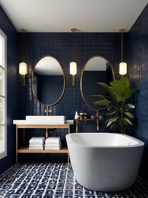 10 Captivating Navy Bathroom Ideas - Homezillo Bold Small Bathroom Ideas, Bold Small Bathroom, Small Mirror Wall Decor Ideas, Navy Bathroom Ideas, Small Mirror Wall Decor, Mirror Wall Decor Ideas, Small Bathroom Mirrors, Fresh Bathroom, Navy Bathroom