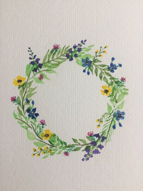 Circle Watercolor Paintings, Spring Wreath Drawing, Painted Wreath On Canvas, Easy Watercolor Wreath, Watercolor Wreath Simple, Circle Flower Painting, Watercolor Wreaths Floral, Wreath Painting Acrylic, Flower Circle Drawing