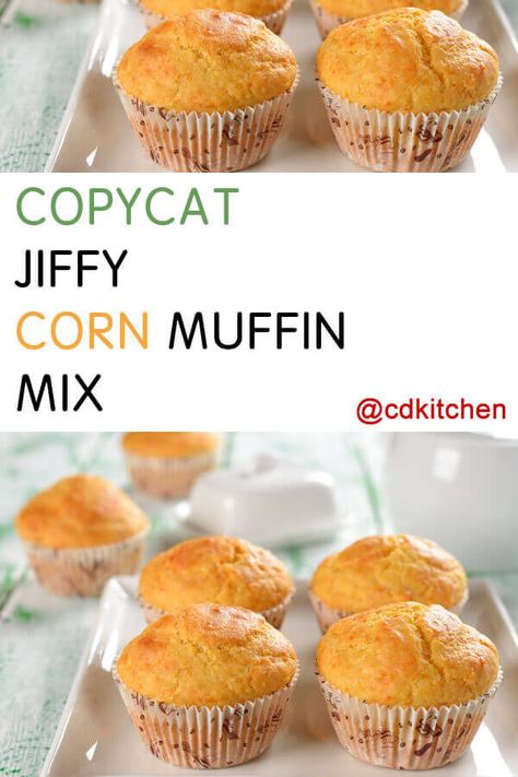 Jiffy Corn Muffin Mix Clone - An easy homemade substitute for Jiffy. Use it in any recipe calling for 1 box of corn muffin mix. Made with all-purpose flour, yellow corn meal, sugar, baking powder, salt, vegetable oil | CDKitchen.com Jiffy Corn Muffin Recipes, Corn Muffin Mix Recipes, Paper Muffin Liners, Homemade Corn Muffins, Corn Flour Recipes, Muffin Mix Recipe, Jiffy Mix Recipes, Jiffy Corn Muffins, Cornmeal Muffins