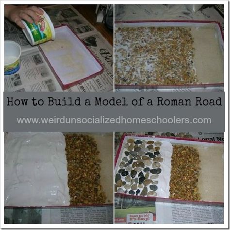 n our study of Ancient Rome this week, Josh and Megan really enjoyed learning how to build a model of a Roman road. Brianna was in charge of the salt dough map, so I let Josh and Megan do the road model themselves.    To build a road, first the Ancie Edible Roman Road, Roman Project, Trade Patterns, Ancient Rome Kids, Ancient Rome Projects, Tapestry Of Grace, Road Building, 6th Grade Social Studies, Roman Roads