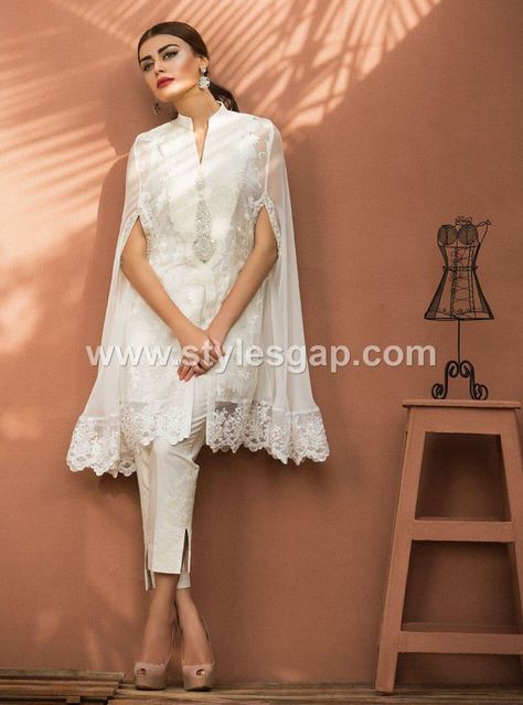 latest-pakistani-cape-style-dresses-for-party-wear-3 Pakistani Cape Dresses, Organza Kurta, Cape Dresses, Cape Style, Top Design Fashion, Pakistani Dress Design, Cape Dress, Fashion Dresses Casual, Designer Dresses Indian