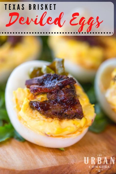 Brisket deviled eggs take a delicious deviled egg and make it even better with a pinch of barbecue brisket! This is the perfect party food for 4th of July, backyard barbecues, and summer parties. You can even make this recipe easier by picking up the brisket from your favorite bbq shop and assembling the appetizer in minutes. | Get the recipe now on UrbanCowgirlLife.com Jalapeno Deviled Eggs, Barbecue Brisket, Texas Brisket, Tender Brisket, Bbq Shop, Kid Approved Meals, Texas Food, Dessert Easy, Deviled Egg