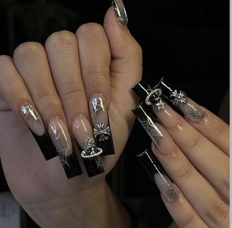 Black And Chrome Acrylic Nails, Black Nails W Charms, Punk French Tip Nails, Black And White Y2k Nails, Black Hoco Nails, Black And Chrome Nails, Black Y2k Nails, 2000 Nail Art, Black Chrome Nails