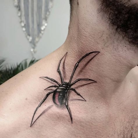 Spider Neck Tattoo, Spider Tattoo Ideas, 3d Spider Tattoo, Spider Tattoo Design, Spider Tattoos, Small Tattoos Ideas, Tattoos And Their Meanings, 3d Spider, Side Neck Tattoo