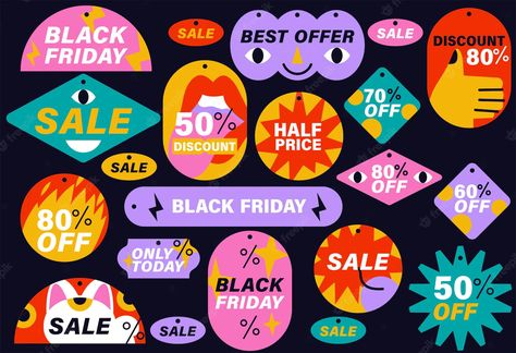 Premium Vector | Vector set of sale discount black friday stickers labels badges or tags modern and colorful promotion marketing Promotion Marketing, Black Friday Design, Black Friday Banner, Promotional Products Marketing, Promotional Design, Badge Design, Sale Promotion, Clothing Hacks, Label Design