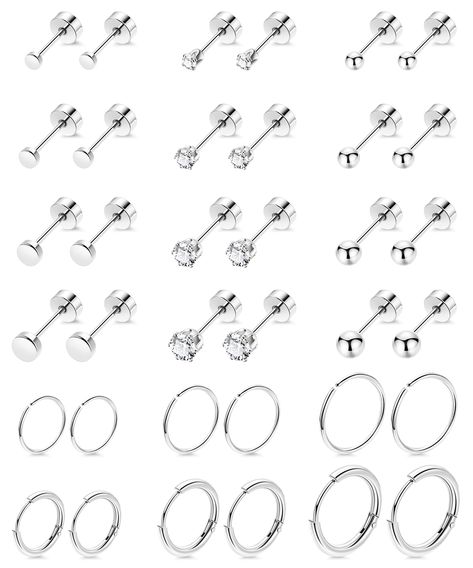 PRICES MAY VARY. EARRINGS SETS FOR MULTIPLE PIERCING--One Order You will Get 4 Pairs Dot Earrings,4 Pairs Ball Earrings, 4 Pairs CZ Flat Back Earrings, 3 Pairs Cartilage Hoop Earrings and 3 Pairs Huggie Hoop Earrings. Can be Used as Cartilage Earrings, Helix Piercing Jewelry, etc. PRODUCT SIZE--The Earrings Set Gauge is 20G(0.8mm). Simple Earring Hoops Diameter: 7/8/10mm. Huggie Hoop Earring Diameter: 6/8/10mm. The CZ/Ball/Dot Diameter: 2/3/4/5mm. These Cartilage Stud Hoop Earrings Set are Super Cartilage Hoop Earrings, Helix Piercing Jewelry, Dot Earrings, Piercing Cartilage, Helix Hoop, Cartilage Earrings Stud, Earrings Sets, Earring Hoops, Daith Earrings