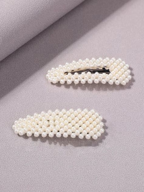 White  Collar  Plastic   Embellished   Women Accessories Hair Clips Pearl, Make Up For 11 Yo, White Hair Clips, White Hair Accessories, Pearl Clips, White Hair Accessory, Papa Smurf, Hair Accessories Pearl, Latest Hair