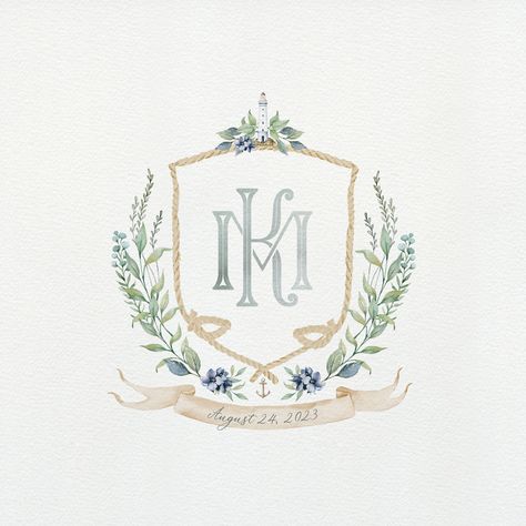 Watercolor Monogram Crest, Farm Pigs, Wedding Crest Monogram, Tropical Farm, Fancy Logo, Blue And White Roses, Animals Monkey, Watercolor Crest, Lighthouse Wedding