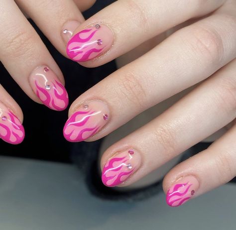 Pink Flame Nails, Fire Nail Art, Flame Nails, Pink French Nails, Mens Nails, Hot Pink Nails, Happy Nails, Pink French, Work Nails