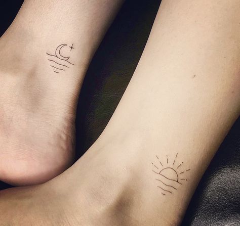 Sunset Tattoo Minimalist Ankle, Sunrise Tattoo Simple, Ocean Minimalist Tattoo, Sunset Tattoo Minimalist, Surfer Tattoo, Sunrise Tattoo, Sunset Tattoos, Minimal Tattoo Design, Daisy Tattoo