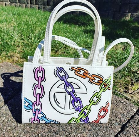 Painted Telfar Bag, Painted Telfar, Painted Purses Ideas, Hand Painted Bags Handbags, Telfar Bag, Painted Handbag, Painted Purse, Handpainted Bags, Purple Paint