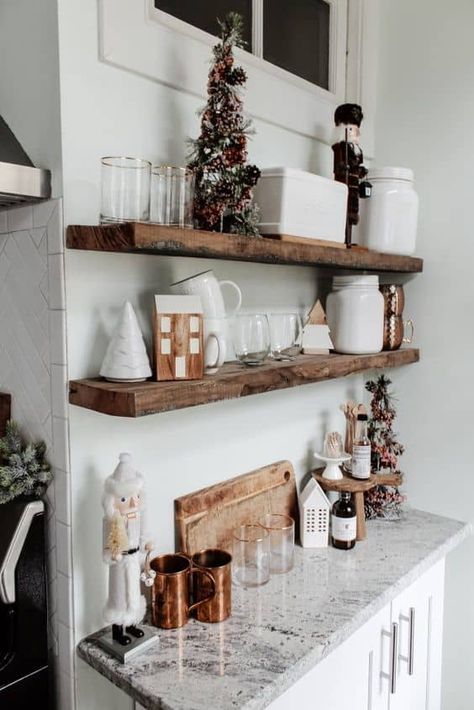 25 Christmas Shelf Styling Ideas » Lady Decluttered Christmas Shelf Styling, Shelf Styling Ideas, Decor Floating Shelves, Christmas Shelf, Boho Traditional, Holiday Kitchen Decor, The Spruce, Holiday Home Tour, Cozy Christmas Decor