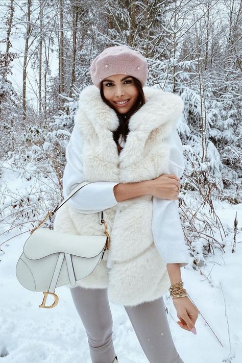 White Fur Vest Outfit, Romanticise Winter, Winter Outfit Snow, Snow Vibes, Winter Outfits Snow, Fur Vests, White Fur Coat, Virtual Wardrobe, Snow Outfit