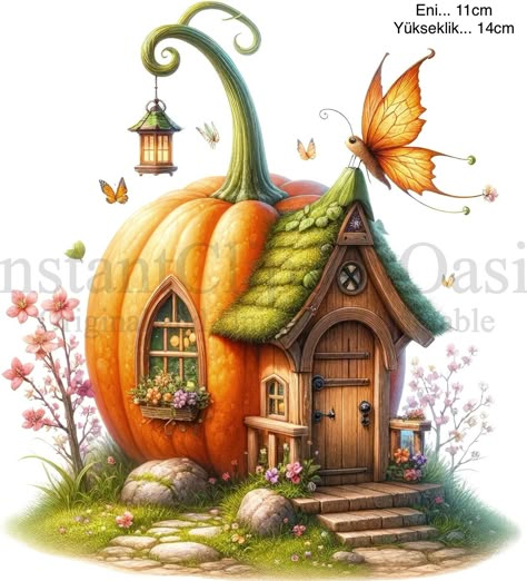 Houses Clipart, Pumpkin Fairy House, Illustration Art Kids, Pumpkin House, Fairy House Diy, Fairytale Illustration, House Illustration, Cute Fairy, Fantasy Images