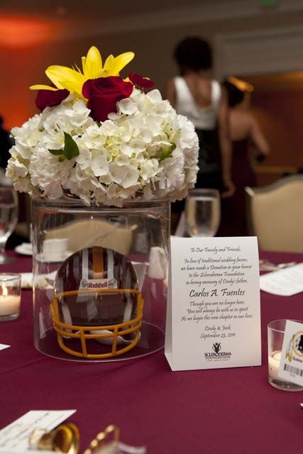 You can subtly incorporate your team's colors into your flowers #football #wedding Fundraiser Decorations, Football Banquet Centerpieces, Football Wedding Theme, Football Centerpieces, Sports Centerpieces, Football Event, Banquet Centerpieces, Sports Themed Wedding, Football Banquet