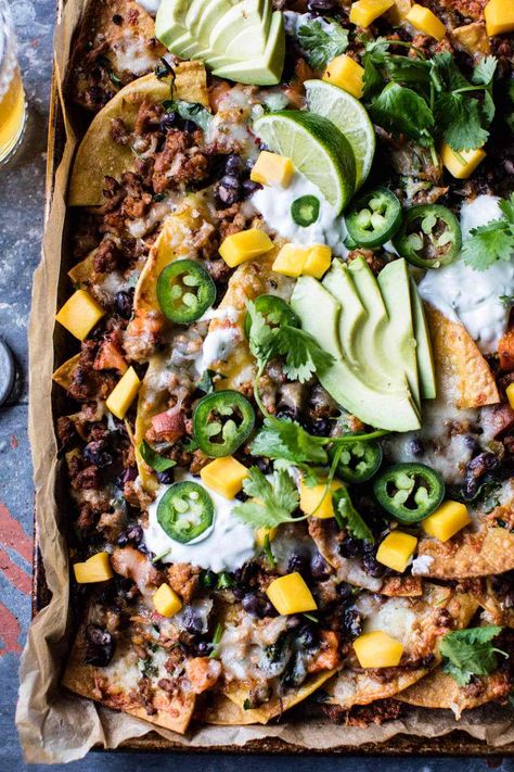 Black Bean Turkey Nachos with Jalapeno Yogurt. Half Baked Harvest Turkey, Turkey Nachos, Nacho Recipe, Harvest Food, Half Baked Harvest Recipes, Nachos Recipe Easy, Mexican Flavors, Mexican Night, Yogurt Recipe