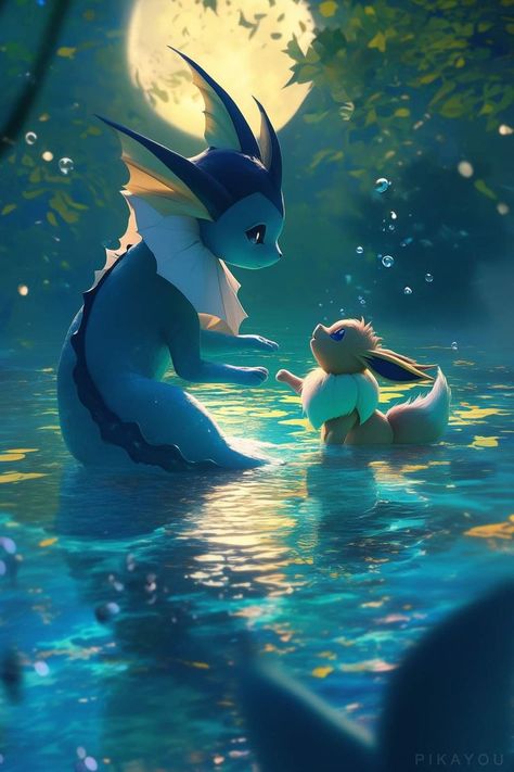 Pokemon Art Eeveelutions, Eevee And Vaporeon, Water Pokemon Wallpaper, Vaporeon Wallpaper, Eeveelutions Wallpaper, Eevee Art, Eevee Vaporeon, Pokemon Vaporeon, Latios Pokemon