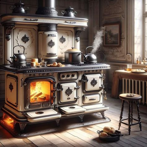 Old Cabin Interior, Wood Cook Stove Kitchen, Antique Kitchen Stoves, Wood Cook Stove, Woodburning Stove Fireplace, Steampunk Kitchen, Antique Wood Stove, Shed Tiny Home, Stove Kitchen