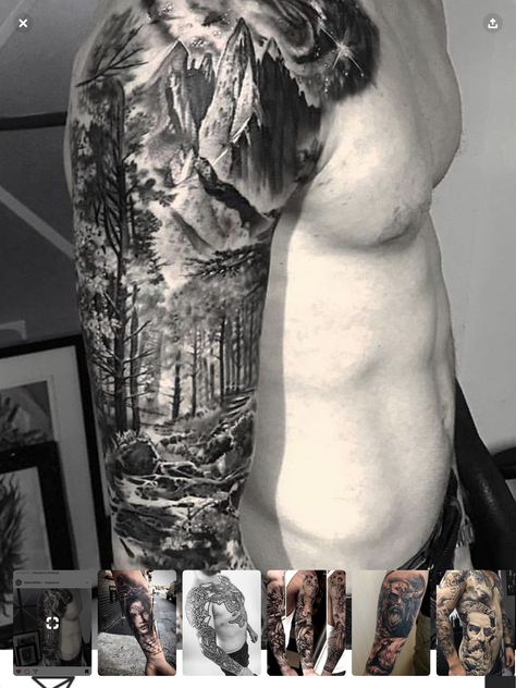 Mountain Sleeve Tattoo, Forest Tattoo Sleeve, Natur Tattoo Arm, Berg Tattoo, Shen Long Tattoo, Outdoor Tattoo, Hunting Tattoos, Cool Half Sleeve Tattoos, Mountain Tattoo Design