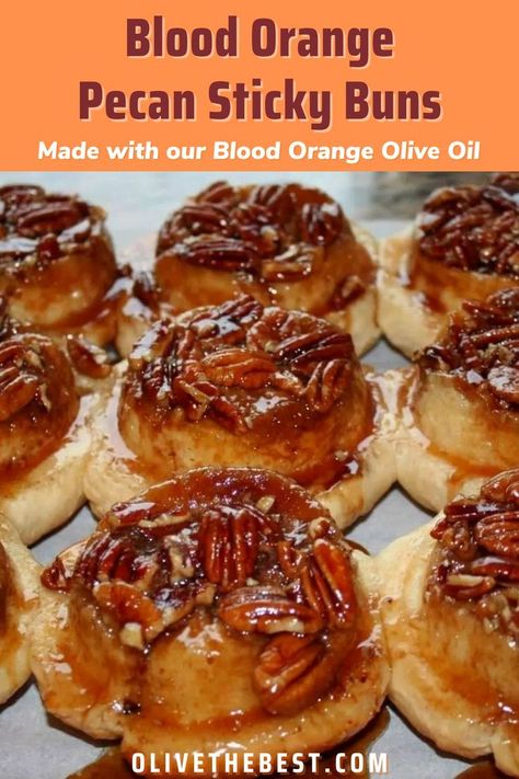 An Autumn season favorite, these Blood Orange Pecan Sticky Buns will get you in that cozy mood and delight your tastebuds. Made with our Blood Orange Fused Olive Oil giving it a slight hint of orange. #bloodorange #stickybuns #pecan #pecanstickybuns #bloodorangeoliveoil #stickybunrecipe Orange Sticky Buns, White Sauce Lasagna, Maple Balsamic, Pecan Sticky Buns, Sticky Buns Recipes, Bread Rolls Recipe, Pumpkin Butter, Bread Roll, Sticky Buns