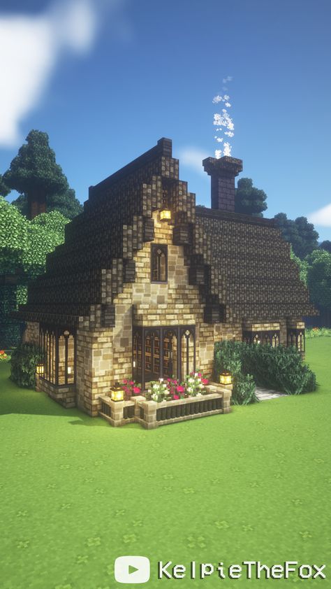 Mincraft Cottage Houses, Mincraft Idea Houses Dark, Cottage Style Minecraft House, Minecraft Fairytale Cottage, Minecraft Building Ideas Fairy House, Dark Cottage Minecraft, Dark Cottagecore Minecraft, Dark Cottagecore Minecraft House, Minecraft Dark House Ideas