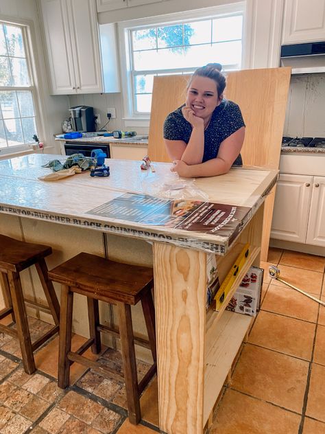 How we made our DIY kitchen island look custom-built - Shoe Makes New High Island Kitchen, Diy Kitchen Island Out Of Cabinets, Diy Island Table Kitchen, Diy Kitchen Bar Island, Kitchen Island Diy Easy, Small Kitchen Island With Seating For 2, Island Bookshelf End, Small Island Seating, Diy Kitchen Island Countertop Ideas