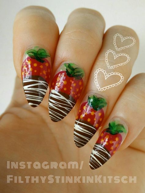 Chocolate Covered Strawberries Nails, Chocolate Covered Strawberry Nails, Chocolate Strawberry Nails, Chocolate Nail Art, Food Nail Art, Strawberry Nail Art, Strawberry Nail, Uñas Ideas, Neat Nails